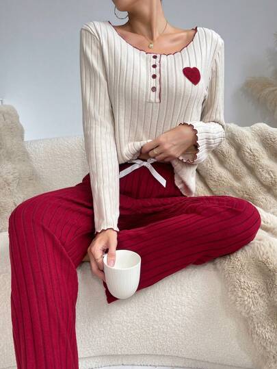 Ensemble pyjama en polaire avec Sweat-shirt-shirt à demi-boutons avec décor cœur bicolore et pantalon de détente, vêtements d'automne et d'hiver, tenue confortable