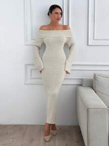 EURMUSE Off Shoulder Sweater Maxi Dress - Apricot - View 6