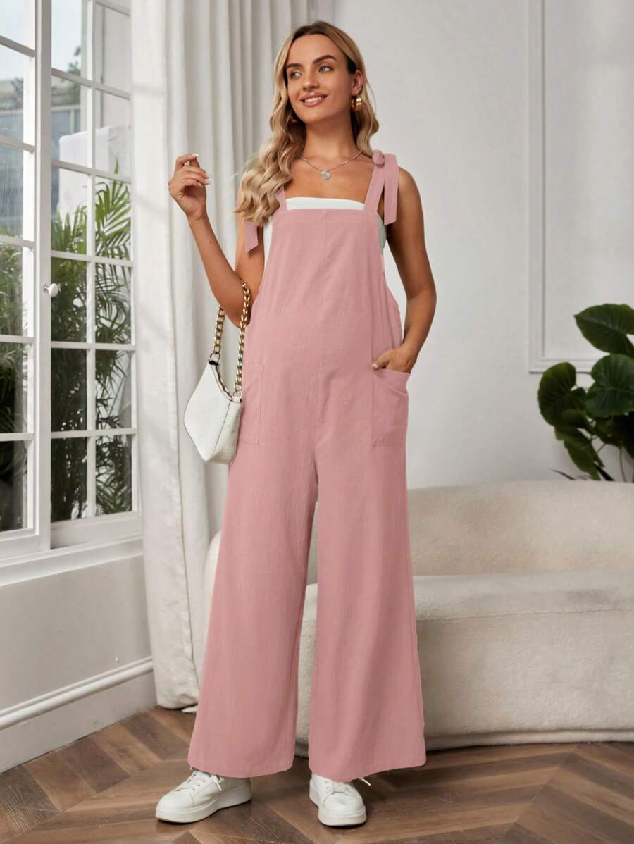 SHEIN 孕妇纯色系带口袋休闲连体裤，适合孕妇 - 粉色 - 查看 1