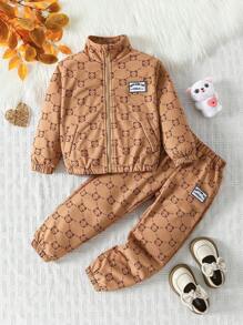 2pcs/Set Toddler Girls' Casual Cute Cat Paw Print Design Jacket With Letter Patch & Pants, Outfit Set - Multicolor - View 1