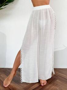 Swim Vcay Summer Beach Solid Color High Split Cover-Up Pants Wedding - White - View 3