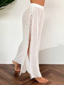 Swim Vcay Summer Beach Solid Color High Split Cover-Up Pants Wedding - White - View 6