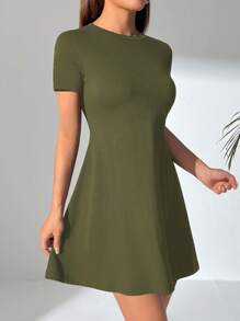 SHEIN PETITE 女士纯色休闲短袖连衣裙，适合日常穿着 - 軍綠色 - 查看 3