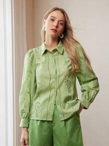 MOTF PREMIUM EYELET EMBROIDERY BUTTON BLOUSE,SPRING/SUMMER - Mint Green - View 8