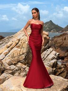 Faeriesty Faeriesty Elegant Strapless Sweetheart Neckline Pleated Bust Mermaid Train Evening Dress – Spring Summer Formal Gown For Galas, Weddings, Red Carpet Events, Evening Parties