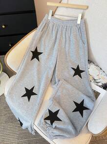 Tween Girls Star Print Baggy Sweatpants, Fall Back To School Casual Outfit - Light Grey - View 1