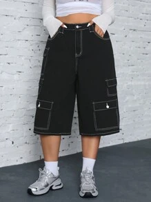 Jeanoix Plus Size Spring & Summer Casual Colorblock Topstitch Cargo Denim Jeans Baggy - Black - View 1