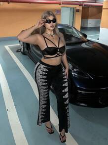 Flirla Plus Size Fashionable Placement Print Flare Leg Pants - Black - View 5