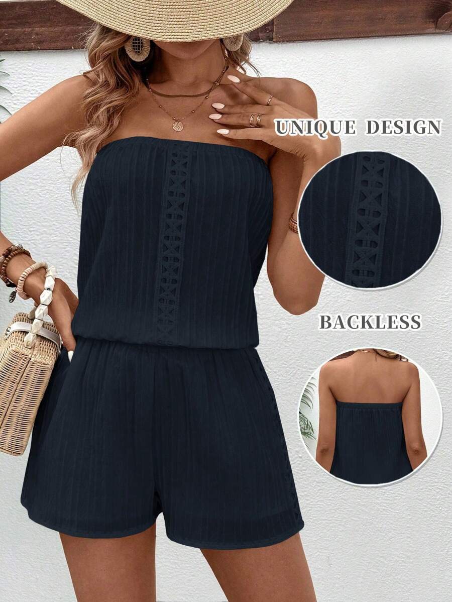 Breezaya 2pcs Solid Color Strapless Vest & Shorts Set For Casual Summer Holiday - Navy Blue - View 1