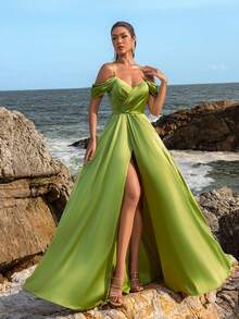Faeriesty Off Shoulder Back Lace Up Formal Party Dress - Olive Green - View 3