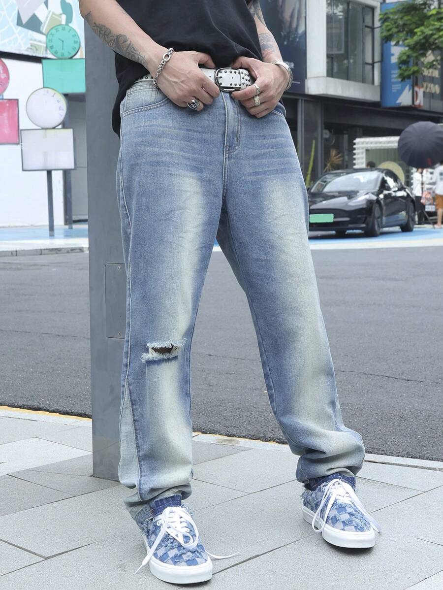 Manfinity Roghcode Quần Jeans Denim Baggy Rộng Đơn Giản Rách Màu Trơn Cho Nam - Rửa trung bình - Xem 1
