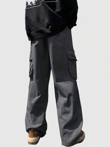 ROMWE MEN Street Life Men Flap Pocket Side Cargo Baggy Pants, School - Dark Grey - View 2