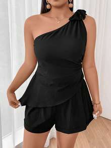 Breezaya 2 piezas Conjunto de blusa drapeada con cuello asimétrico y un hombro con lazo, y shorts elegantes de talla grande - Negro - Ver 4