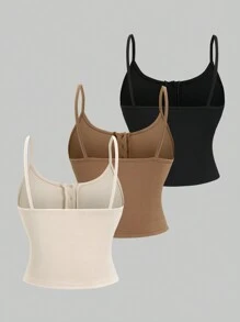 SHEIN PETITE 3件套休闲修身吊带背心套装，夏季 - 黑色 - 查看 2