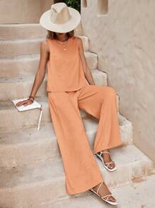 SHEIN LUNE 2 piezas Conjunto informal de chaleco y pantalones de unicolor para vacaciones de mujer - Naranja Coral - Ver 5