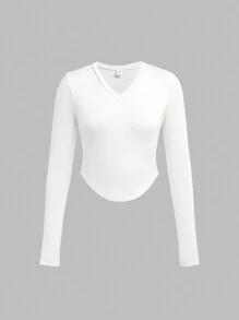 SHEIN 4 peças/conjunto adolescente menina decote em v bainha curva manga longa casual versátil camada de base camisetas de malha