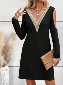 SHEIN LUNE 女裝黑色長袖裙，杏色立領花朵及肩部空心設計 - 黑色 - 查看 1