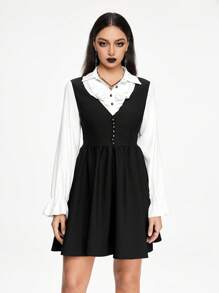 ROMWE Academia Preppy Style Neckline Ruffles Decoration Black And White Contrast Color Ladies 2 In 1 Dress - Black and White - View 6