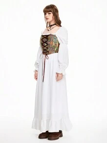 ROMWE Fairycore 女士古典浪漫提花拼色收腰 A 字长袖连衣裙 - 白色 - 查看 6