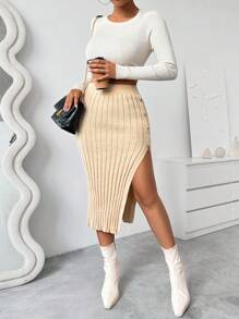 Chiquease 1pc Casual Button-Side Split Hem Knit Knitted Skirt,Spring/Autumn - Khaki - View 3