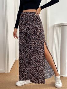 SHEIN Essnce Women Summer  Leopard   Street Fashion Side High Slit Color Block Printed Pleated Casual Wide Leg Baggy Pants - Multicolor - View 4