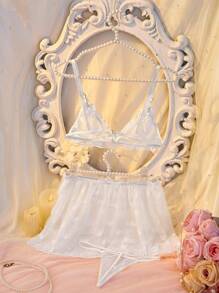 3 piezas Set de lencería sexy de encaje blanco con corazón - Blanco - Ver 2