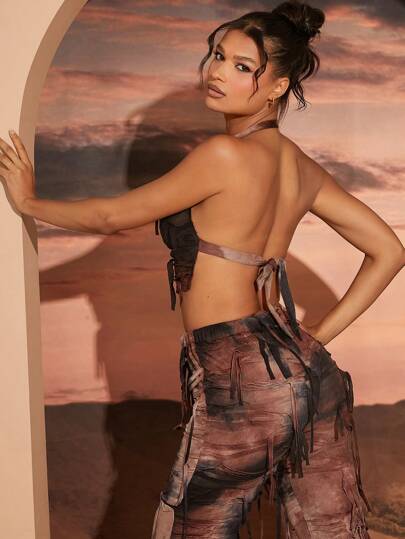 SHEIN Haute Quần áo mùa thu cho phụ nữ, áo ba lỗ cổ sâu in họa tiết nhuộm màu nâu, áo crop top, áo yếm, trang phục câu lạc bộ cho phụ nữ, trang phục lễ hội