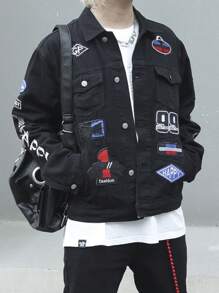 Manfinity Roghcode Men's Label Single Breasted Stylish Denim Jacket - Black - View 8