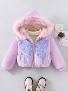 SHEIN 年轻女孩拉链蝴蝶图案毛绒装饰连帽棉服外套，可爱的衣服 - 紫色 - 查看 6