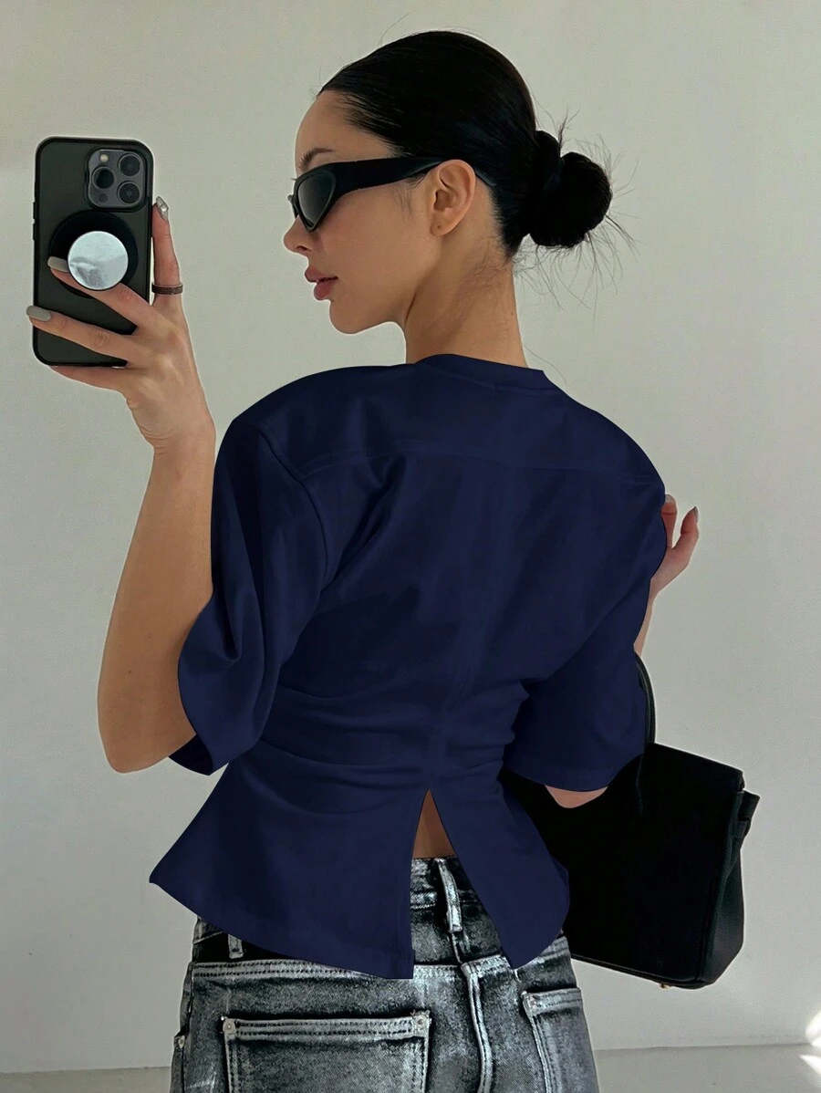 DAZY 女士夏季休闲纯色露背 T 恤