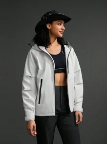 SHEIN Sports Women Hooded Zipper Pocket Long Sleeve Solid Color Simple Fashionable Popular Sports Jacket - White - View 5