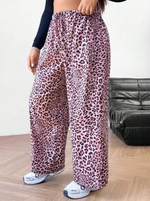 SHEIN EZwear Pantalon ample à jambes larges avec poches, en tissu tissé à motif léopard, taille haute, mode polyvalente pour les femmes grandes tailles pour un port casual et quotidien en été