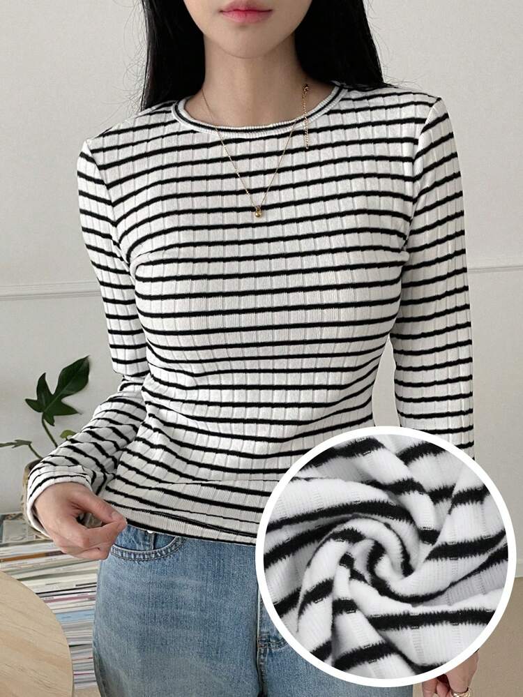 Women's Casual Striped Thermal Lined Warm T-Shirt, Autumn/Winter Long Sleeve Women Tops,Thermal Lined