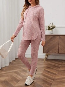 SHEIN Conjunto de 2 piezas de ropa de maternidad casual: sudadera con capucha de manga larga con cordón y pantalones ceñidos de talle ajustable, conjunto de embarazo holgado