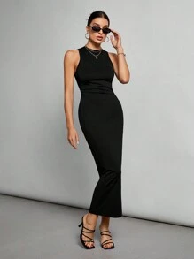 SHEIN Tall Simple Knitted Tight Long Black Dress - Black - View 5