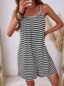 SHEIN LUNE Women's Summer Striped Print Spaghetti Strap Casual Jumpsuit