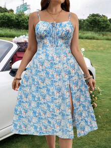 SHEIN Clasi Plus Size Spaghetti Strap Backless Tied Allover Print Split Hem Elegant Dress - Multicolor - View 4