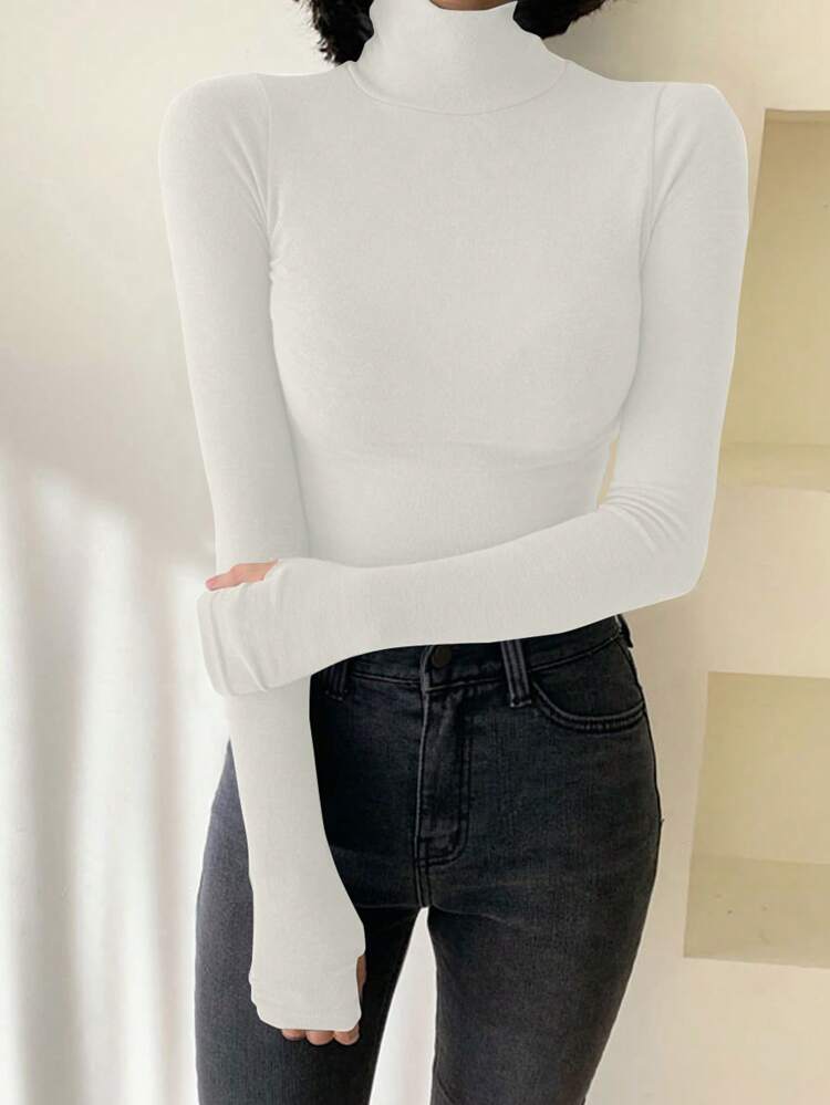 Women's Casual Solid High Collar Slim Fit T-Shirt, Spring Autumn Long Sleeve Women Tops