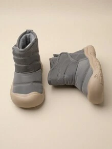 1 Pair Boys' Grey Hook And Loop Flat Casual Comfortable Warm Lined Snow Boots, Suitable For Winter
