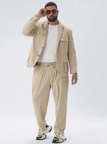 Manfinity VCAY 2pcs/Set Men's Plus Size Casual Woven Loose Raglan Sleeve Blazer Jacket And Drawstring Waist Straight Leg Pants Suit For Autumn/Winter - Apricot - View 3