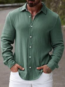 Manfinity Homme Chemise décontractée à manches longues, simple couleur, à simple boutonnage, pour homme - Vert - Voir 7