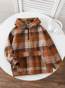 SHEIN Big Boy Casual Plaid Print Hooded Jacket