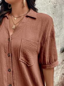 Linhara Plus Size Solid Color Button Front Casual Shirt Dress - Dusty Pink - View 7
