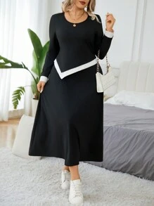 SHEIN LUNE 2pcs Plus Size Women Spring/Fall Casual Color Block Asymmetric Hem Top And Skirt Set - Black - View 7