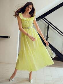MOTF STUDIO SOLID SQUARE NECK RUFFLE TRIM RUCHED BODICE SCHIFFY HEM DRESS WITHOUT BELT - Yellow - View 8