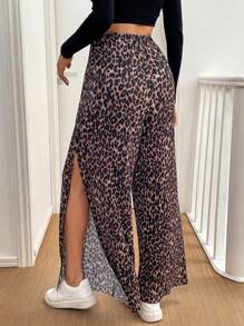 SHEIN Essnce Women Summer  Leopard   Street Fashion Side High Slit Color Block Printed Pleated Casual Wide Leg Baggy Pants - Multicolor - View 6