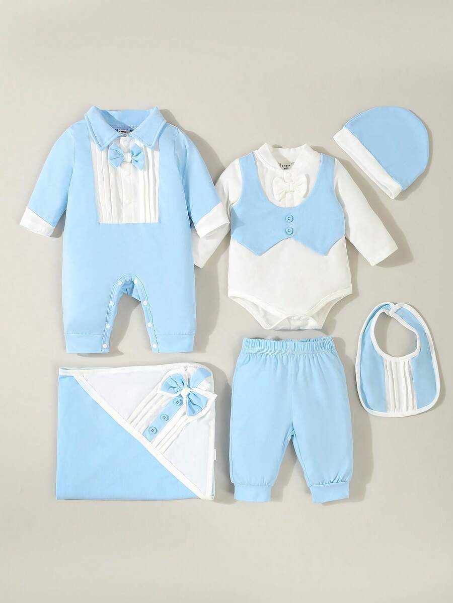 SHEIN 6pcs/Set Baby Boys' Casual College Style Gentlemen Outfit Gift Set, Fall/Winter - Blue - View 1