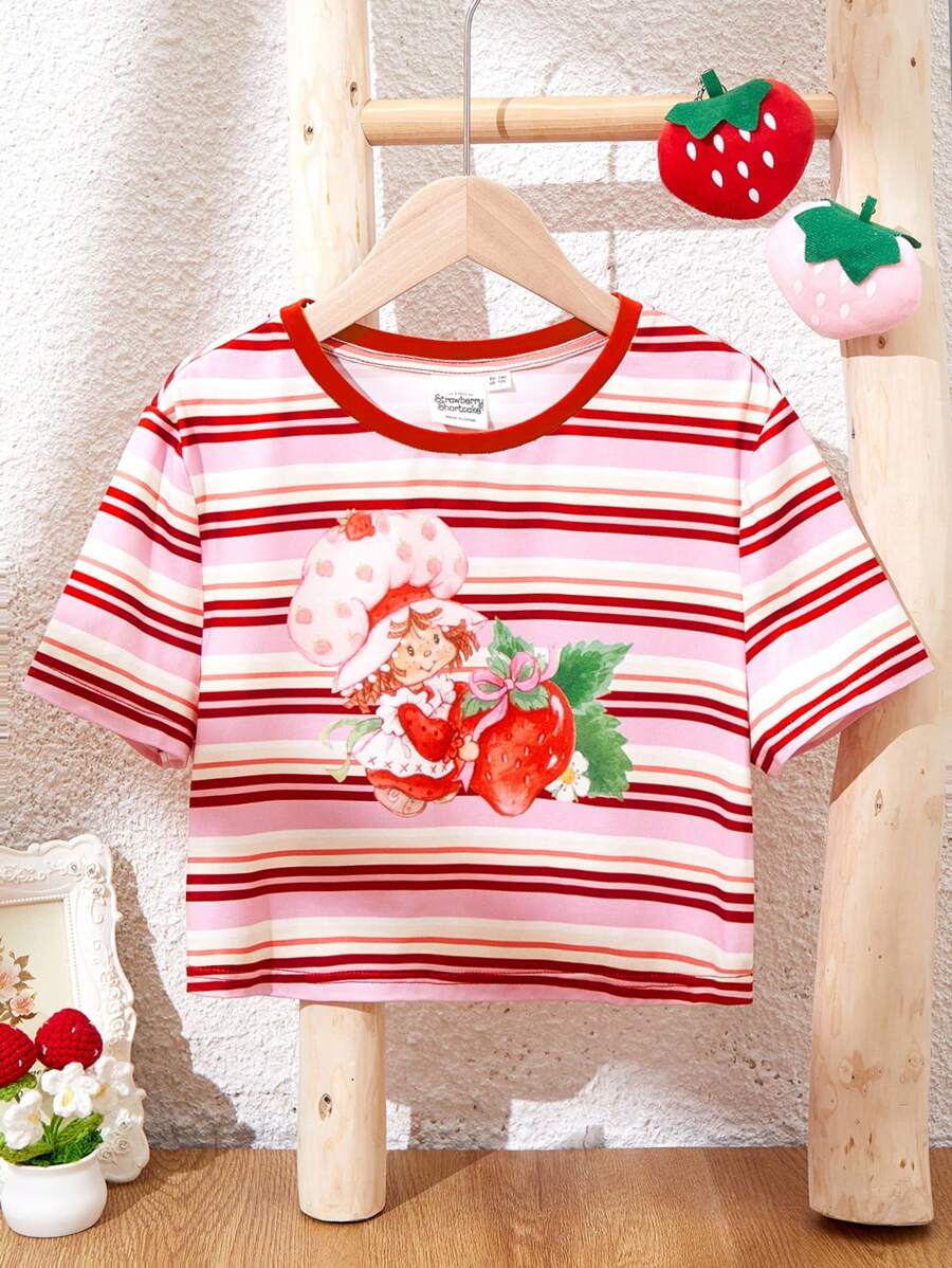 Strawberry Shortcake X SHEIN Tween Girl 1pc Áo thun dệt kim ngắn tay in hình hoạt hình sọc dễ thương và ngọt ngào, mùa hè - Đỏ và trắng - Xem 1