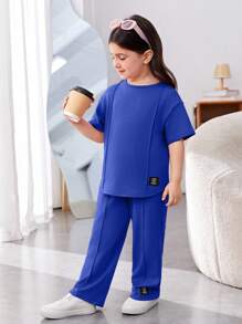 SHEIN 2 件套年轻女孩宽松休闲圆领针织短袖 T 恤和阔腿裤套装