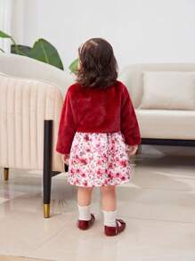 Baby Girl Winter Elegant Lady Red Imitation Rabbit Fur Warm Coat Full Of Flowers Bow Belt High-End Dress Skirt